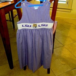 Lsu smocked dress 6X . From shoulder to hem long Is 30.5 inches